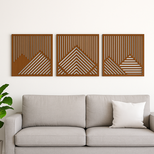 Geometric Wooden Wall Art Panels (Set of 3) – Minimalist Mountain Design SFURN