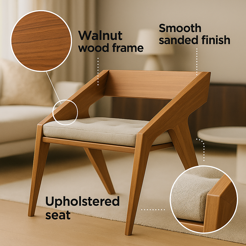 Modern Walnut Wood Armchair with Upholstered Seat – Stylish Home & Office Décor