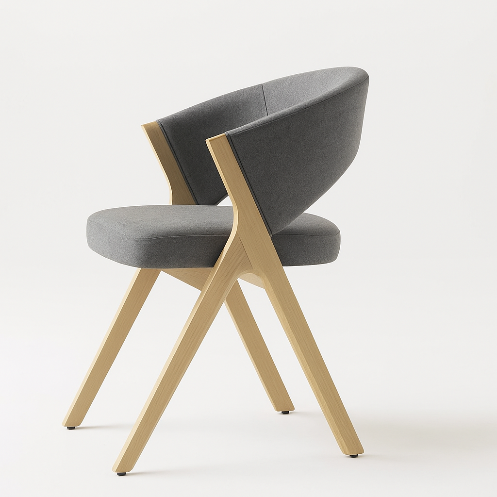 Modern Handcrafted Wooden Accent Chair with Grey Upholstery – Premium Designer Seating for Living Room, Office & Café | SFURN India
