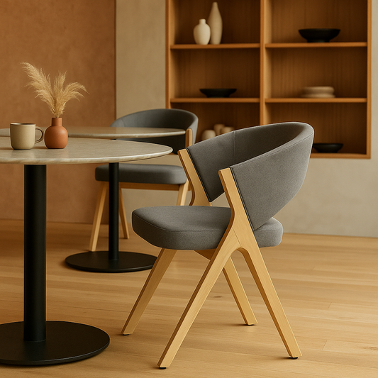 Modern Handcrafted Wooden Accent Chair with Grey Upholstery – Premium Designer Seating for Living Room, Office & Café | SFURN India