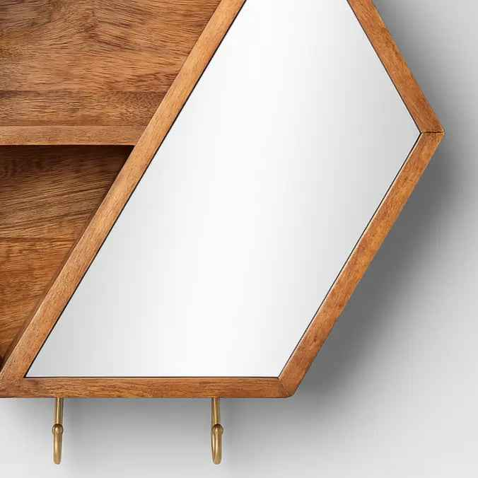 Hexagon Wooden Wall Shelf with Mirror & Hooks – Modern Storage & Display