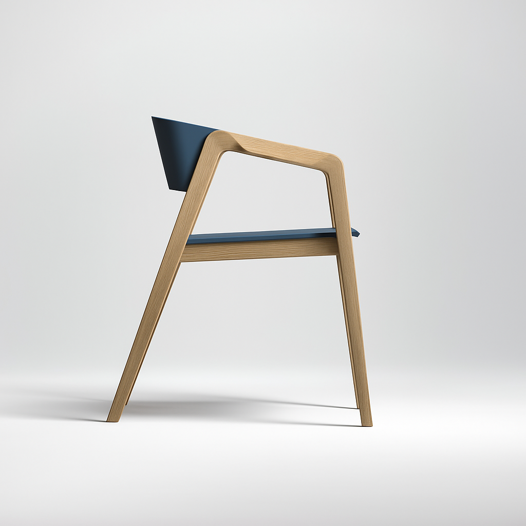 Modern chair with wooden legs and blue seat on a white background