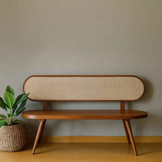 Mid-Century Modern Wooden Bench with Woven Cane Backrest
