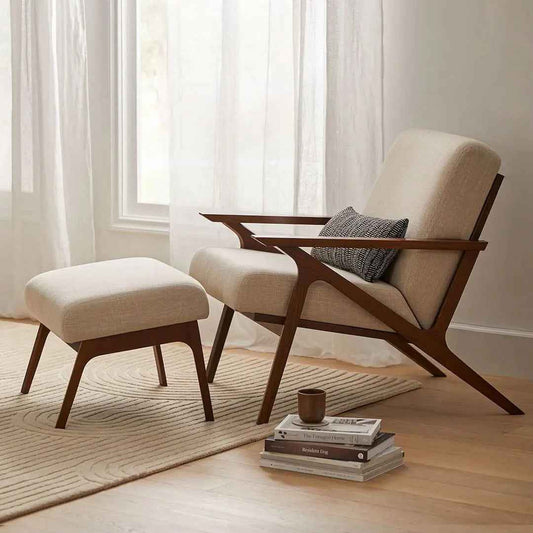 Modern Lounge Chair and foot rest – Walnut Frame & Beige Upholstery