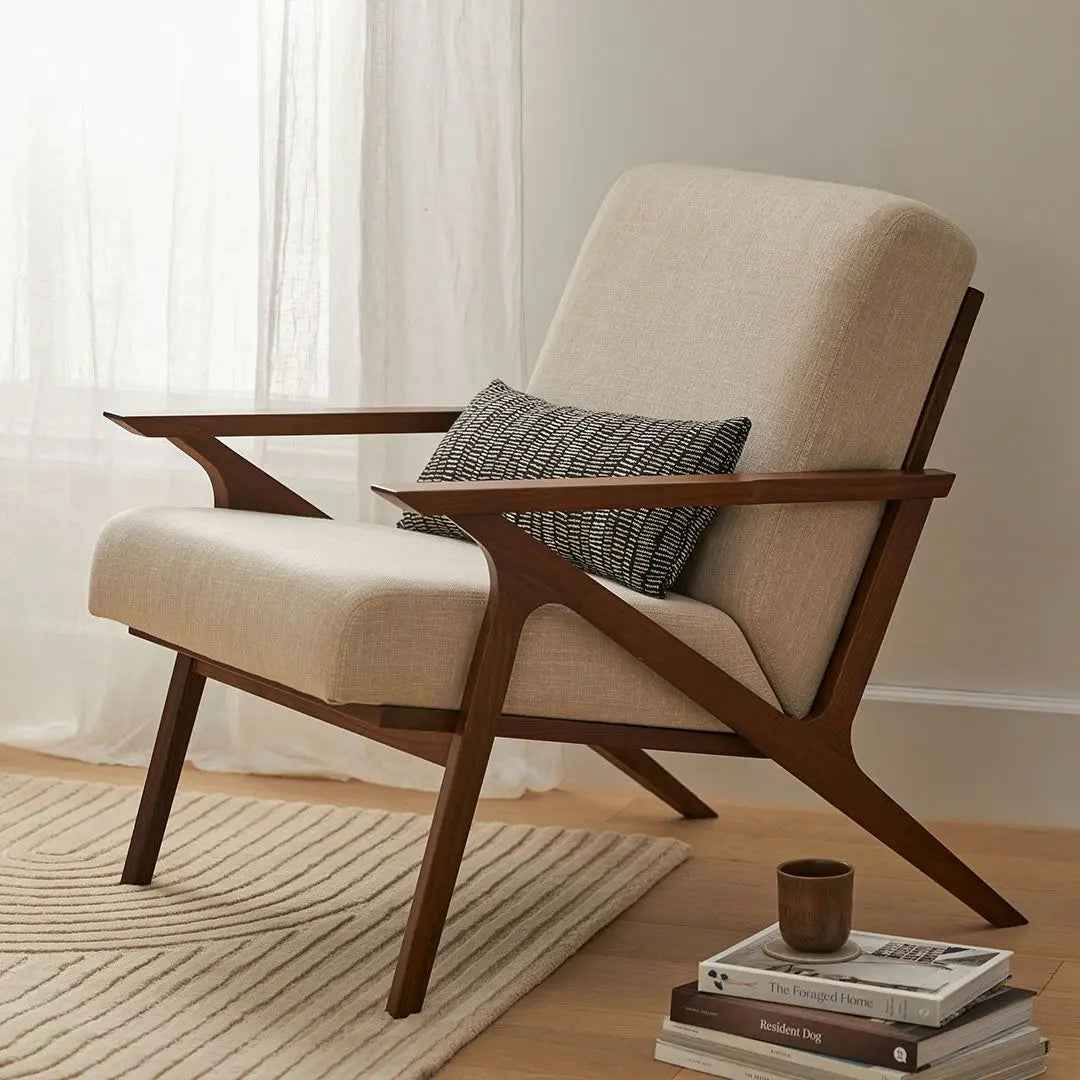 Modern Lounge Chair and foot rest – Walnut Frame & Beige Upholstery