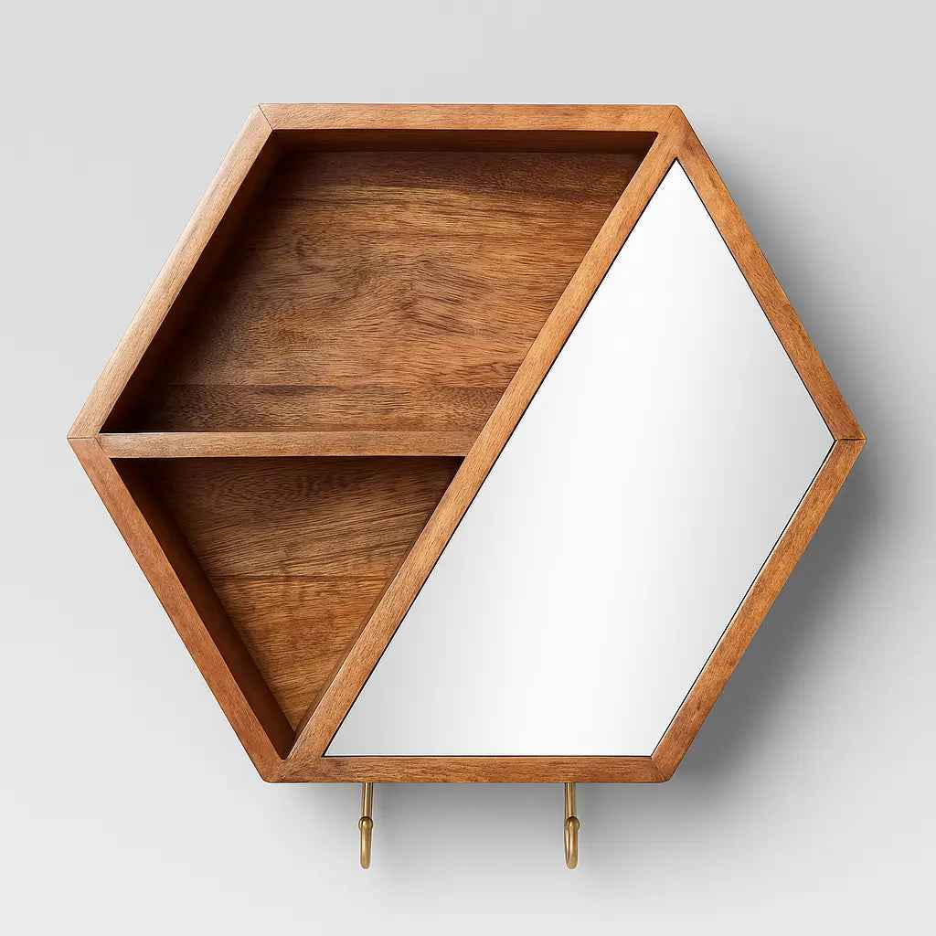 Hexagon Wooden Wall Shelf with Mirror & Hooks – Modern Storage & Display