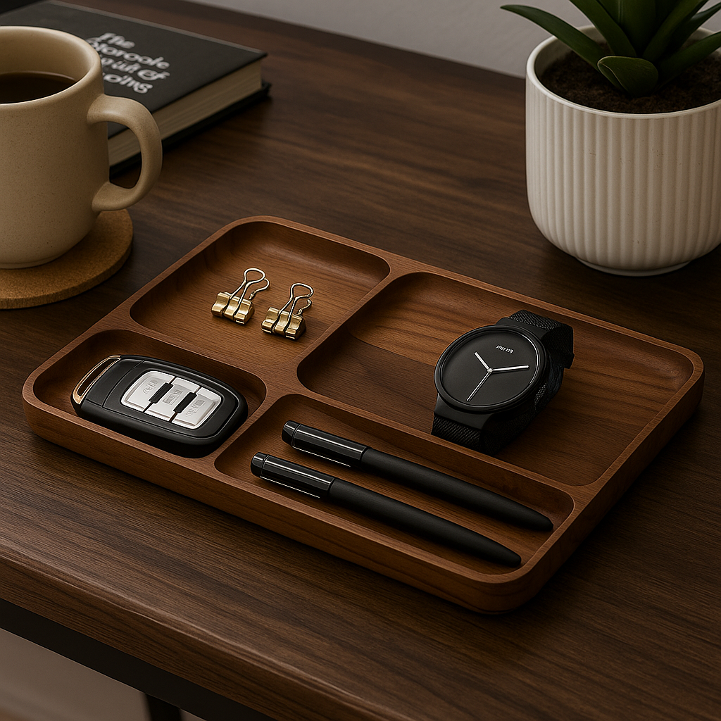 Luxury Wooden Valet Tray Organizer with Watch, Key & Pen Holder – Minimalist Desk Accessory SFURN
