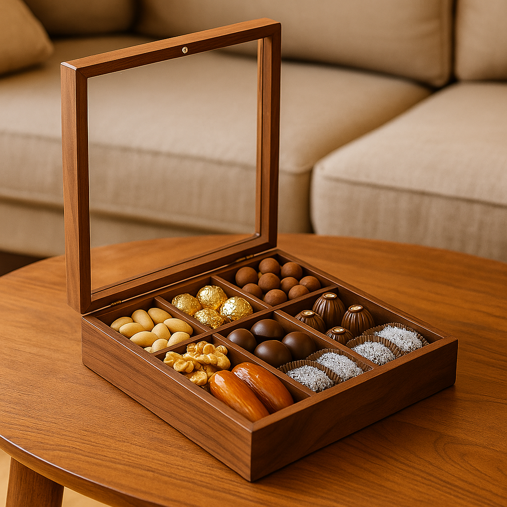 Premium Wooden Dry Fruit & Chocolate Box with Glass Lid SFURN