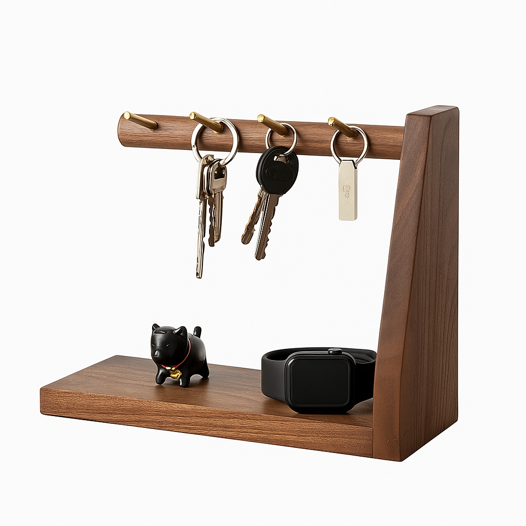 Wooden key holder with keys, a watch, and a small figurine on a white background