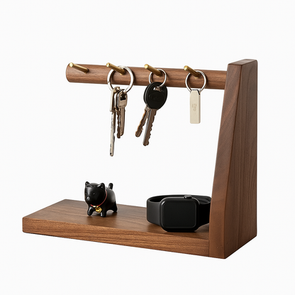 Wooden key holder with keys, a watch, and a small figurine on a white background