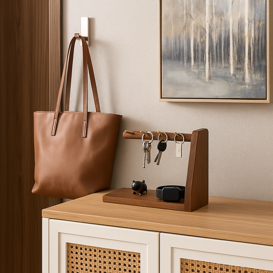 Brown leather tote bag on a wooden surface with keys and a small figurine.