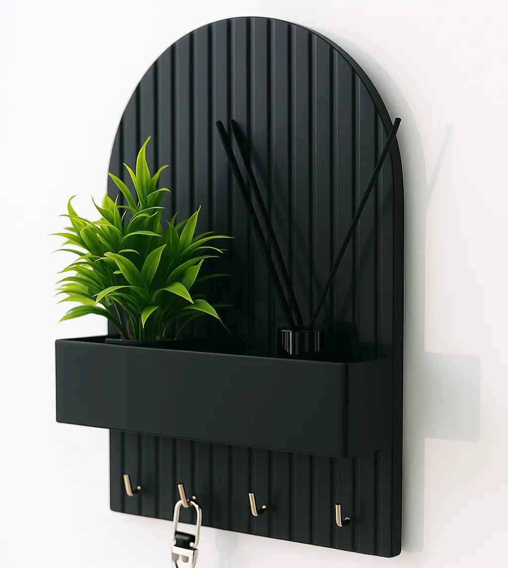 Modern Black Wall-Mounted Organizer with Hooks – Key Holder & Decorative Shelf