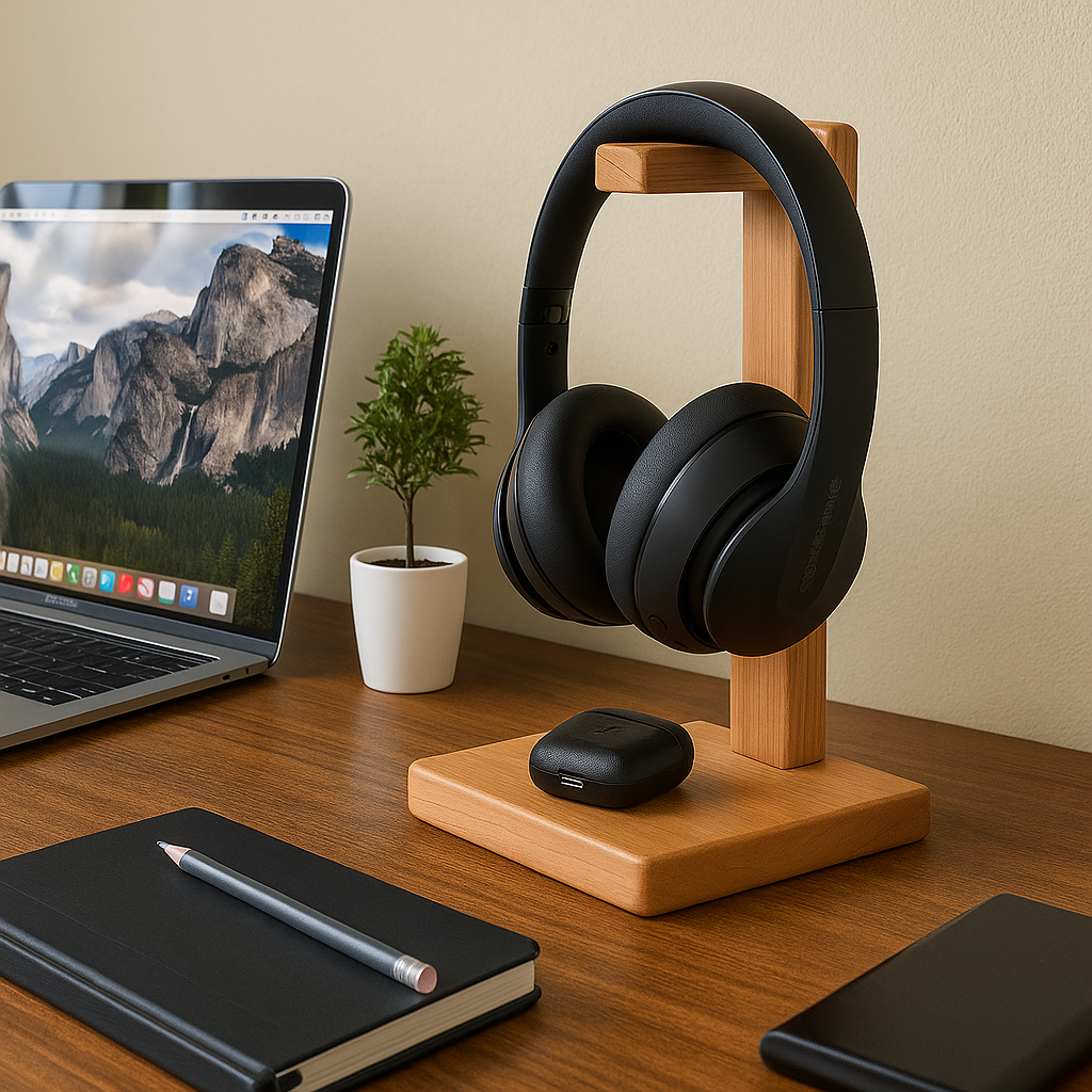Premium Wooden Headphone Stand with Over-Ear Headphones & Wireless Earbuds Case – Stylish Desk Organizer SFURN