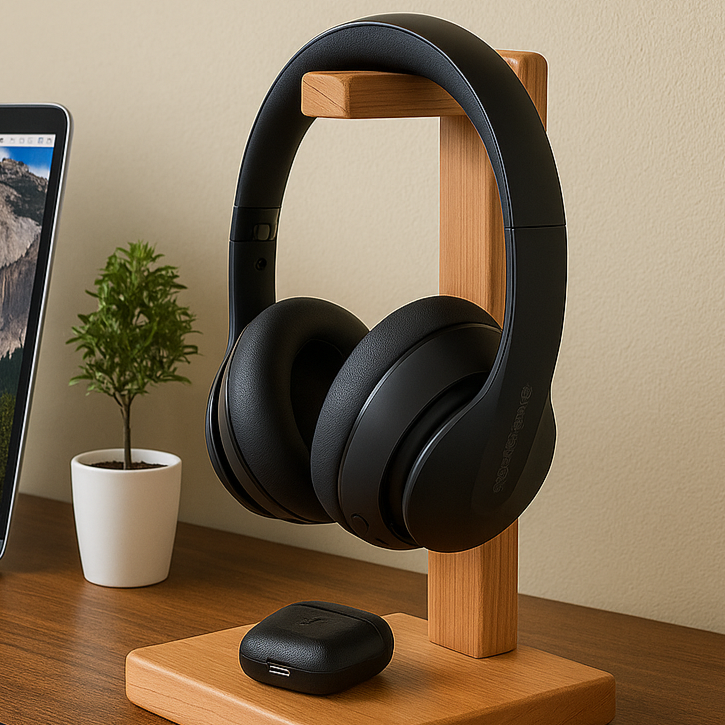 Premium Wooden Headphone Stand with Over-Ear Headphones & Wireless Earbuds Case – Stylish Desk Organizer