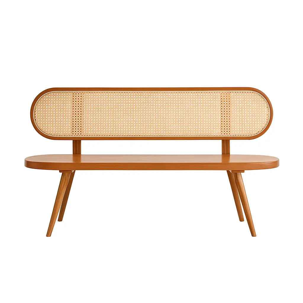 Mid-Century Modern Wooden Bench with Woven Cane Backrest