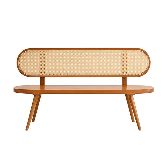 Mid-Century Modern Wooden Bench with Woven Cane Backrest