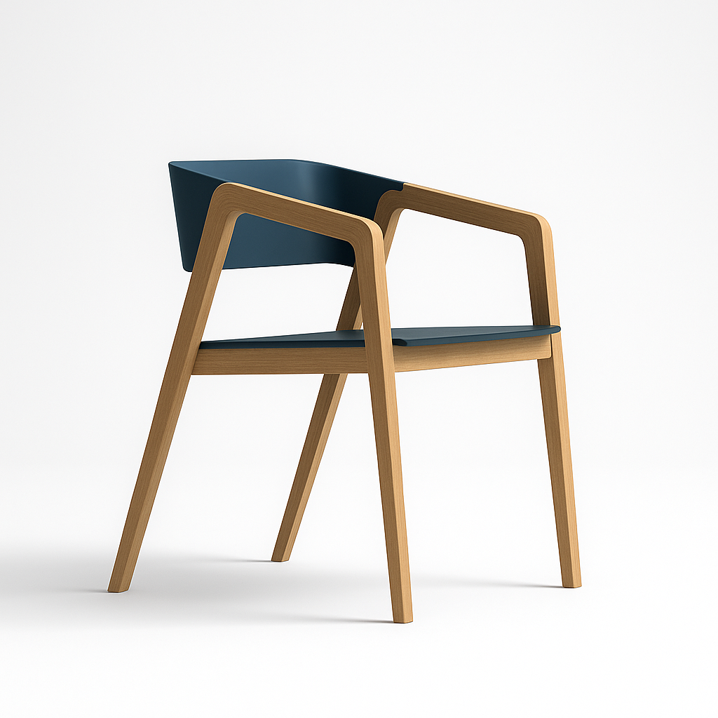 Chair with wooden frame and dark blue seat on a white background