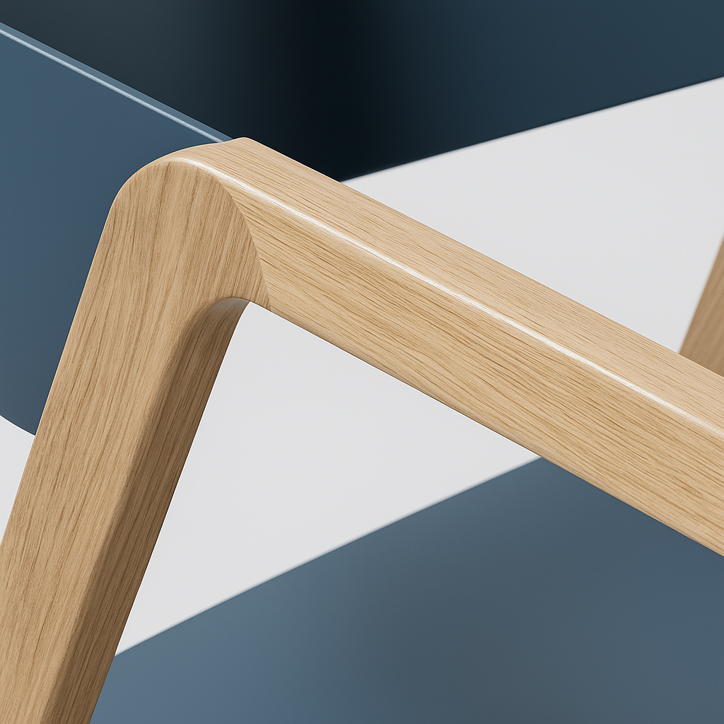 Close-up of a wooden chair arm against a geometric background