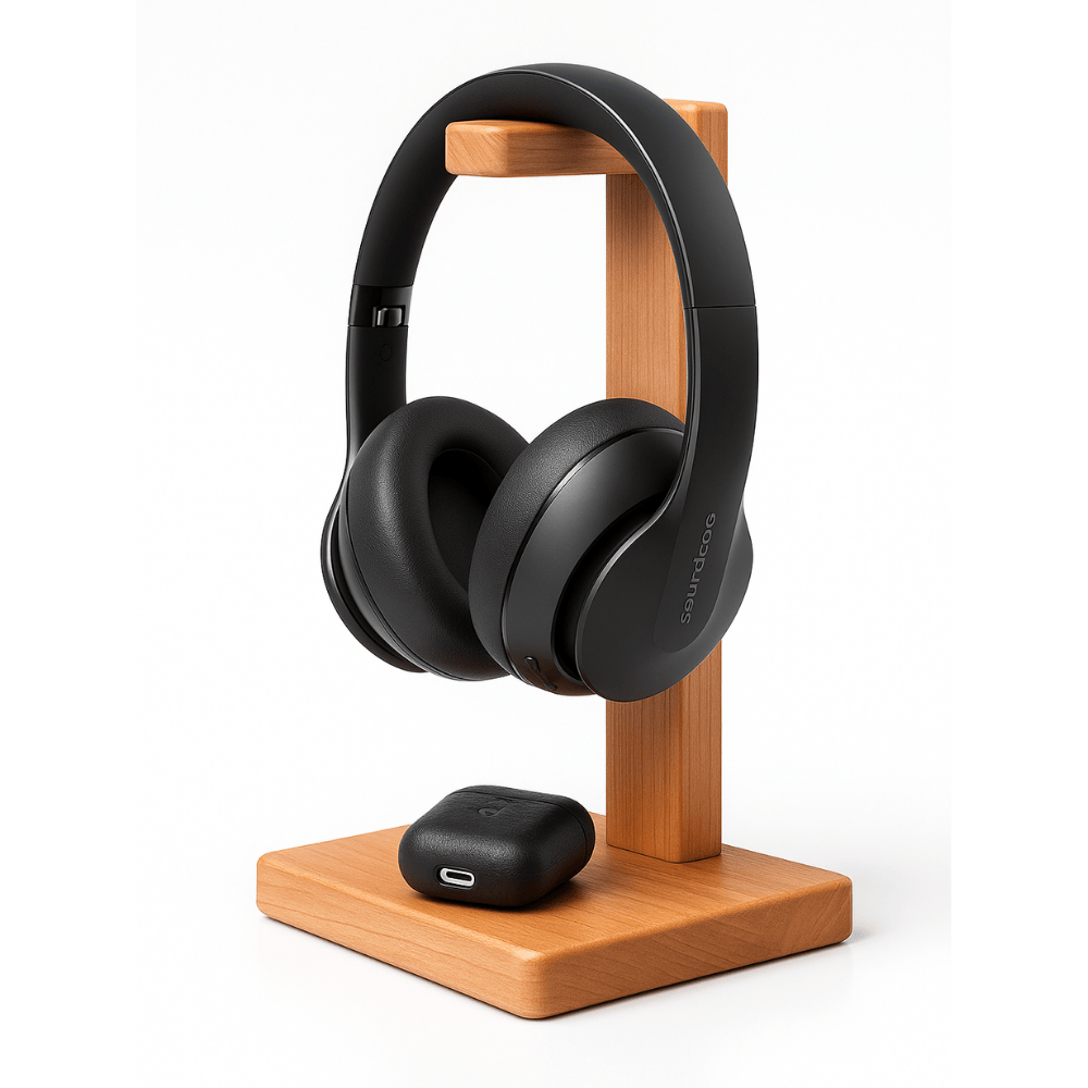 Premium Wooden Headphone Stand with Over-Ear Headphones & Wireless Earbuds Case – Stylish Desk Organizer
