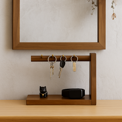 Wooden key holder with keys and a belt on a wooden surface with a mirror in the background.